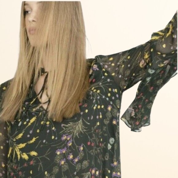 Zara Dress Floral Pattern Chiffon Mini Dress Sz S bell arms Boho/Chic - Picture 2 of 8
